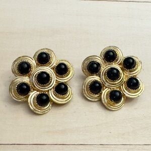 Large Vintage Clip-on Earrings Gold Tone Black Beads Statement 1980s
